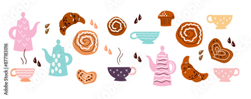 A hand-drawn set of various types of pastries, desserts, and fruits. Evening tea. Afternoon tea. Birthday sweet food. Vector cartoon flat doodle illustration. For menu, recipe, poster, wrapping