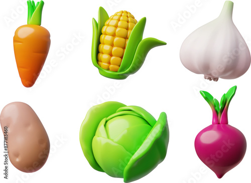 Potato, beets, garlic, corn, cabbage and carrot 3D plastic vector icons set, glossy raw whole vegetables farm plant food