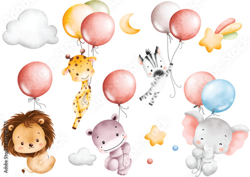 Photography Watercolor Illustration Set of Safari Animals and Balloons