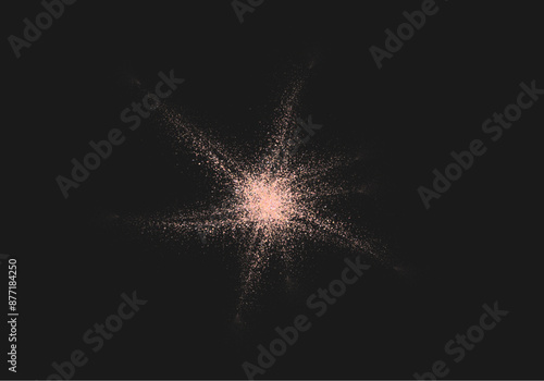 Salt or sugar crystal, flying dust particles. Pink colored dust grain texture star shape dark background. Crushed granules of sand or himalayan salt. Vector illustration of spilled powder