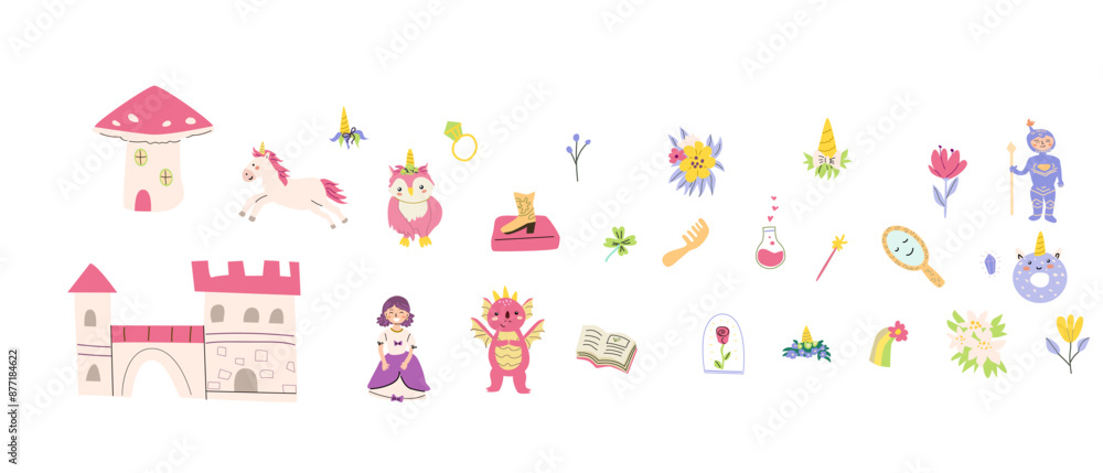 Childrens fairy characters and magic element set. Collection of funny unicorns with princess, castle, knight, dragon, falling star, fairy animal with horn. Fantasy world clipart elements, sticker pack Childrens fairy characters and magic element set. Collection of funny unicorns with princess, castle, knight, dragon, falling star, fairy animal with horn. Fantasy world clipart elements, sticker pack