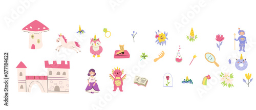 Childrens fairy characters and magic element set. Collection of funny unicorns with princess, castle, knight, dragon, falling star, fairy animal with horn. Fantasy world clipart elements, sticker pack