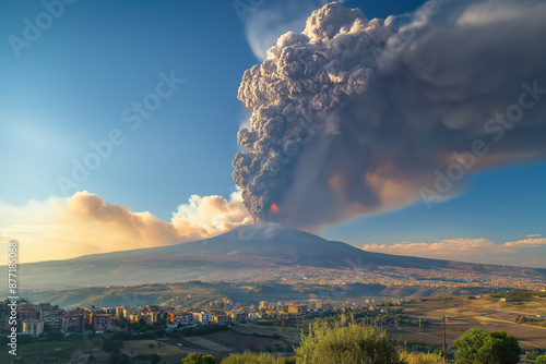 landscape with erupting volcano filling the sky with smoke and ash, populated area, italy, photorealistic // ai-generated photo