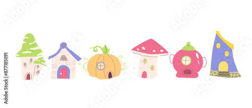 fairy house or castle pack. Set of childrens magic elements for coloring book, cover design.