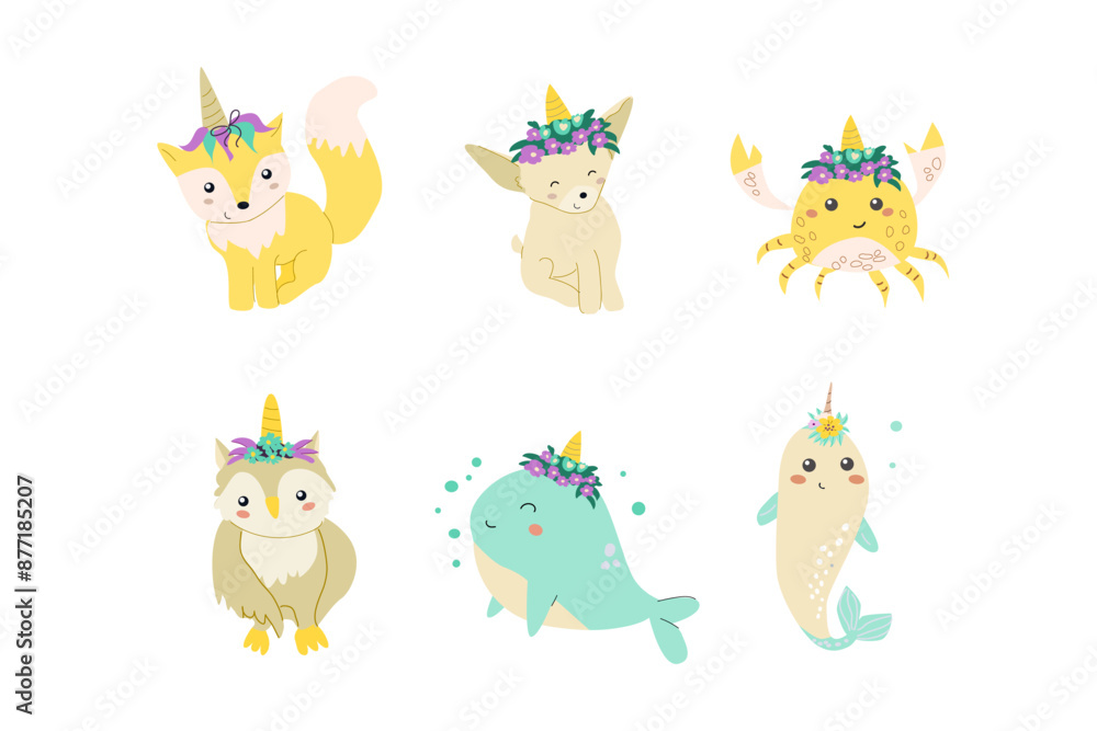 Obraz premium Childrens animals bundle set. Collection of fairy cartoon characters with horns of unicorns. Childish magic animals.