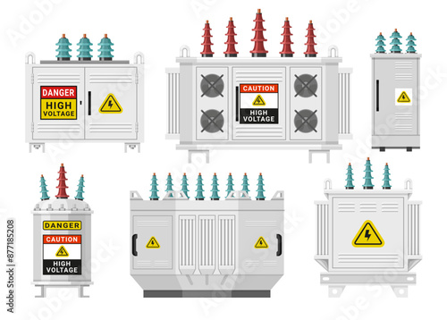 Transformer installation energy substation voltage power control switchboard set realistic vector