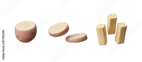 Cut potato 3D vector icons set, farm raw vegetable round piece, sliced and sticks ingredient, organic tuber food cooking