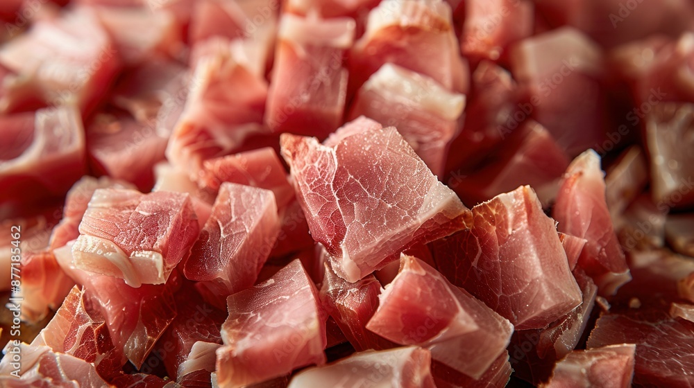 Ham jamon meat chopped background. Prosciutto in pieces for cooking Ham jamon meat chopped background. Prosciutto in pieces for cooking