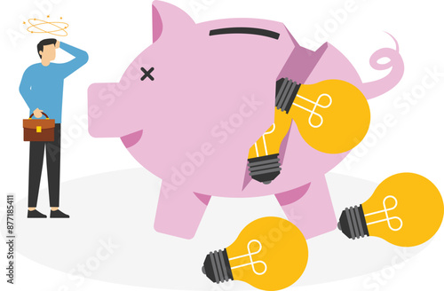 No new idea or inspiration. Businessman look at collapsing piggy bank with light bulbs. Flat vector illustration

