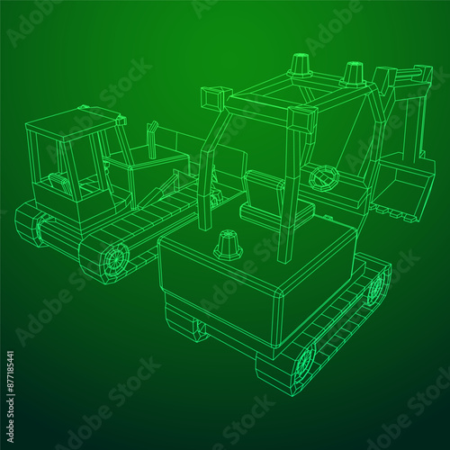 Heavy equipment excavator machine manufacturing power equipment for open pit mining. Wireframe low poly mesh vector illustration