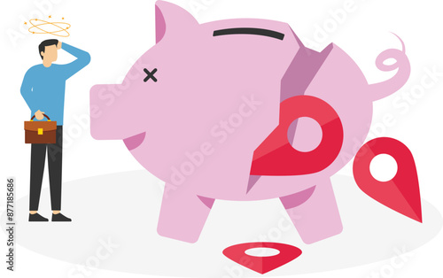 Business people look at collapsing piggy bank with branch pins. Flat vector illustration

