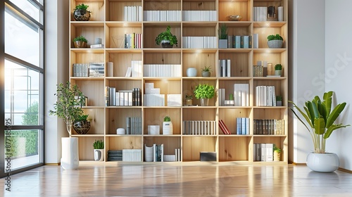 Modern Bookcase with Books as Background  © Li