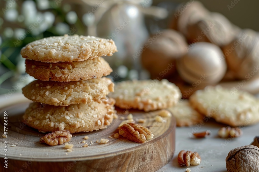 Stack of freshly baked sugar cookies with pecan nuts on a rustic wooden board, kitchen setting Stack of freshly baked sugar cookies with pecan nuts on a rustic wooden board, kitchen setting