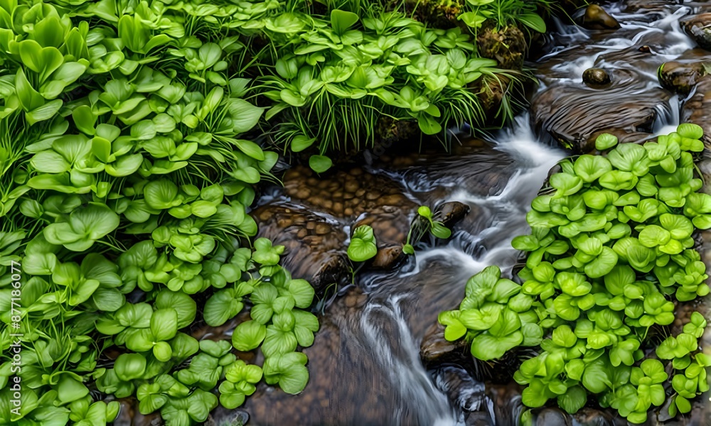 Beautiful spring detailed close up stream of fresh water with young green plants Beautiful spring detailed close up stream of fresh water with young green plants