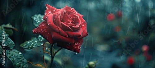 Vibrant red rose like those in Ali Baba s tales blossoming in a garden with a serene rain kissed backdrop perfect for copy space image photo