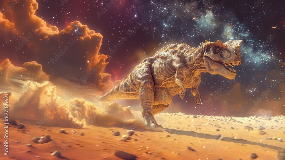 Fototapeta premium Futuristic digital art of a T-Rex roaming a surreal alien landscape with colorful nebula and stars in the background.