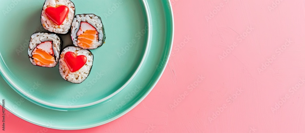 Valentine s Day themed sushi set on a green plate against a pink background ideal for food concepts with copy space image for text in a flatlay composition Valentine s Day themed sushi set on a green plate against a pink background ideal for food concepts with copy space image for text in a flatlay composition