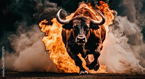 angry raging running bull on fire on black background