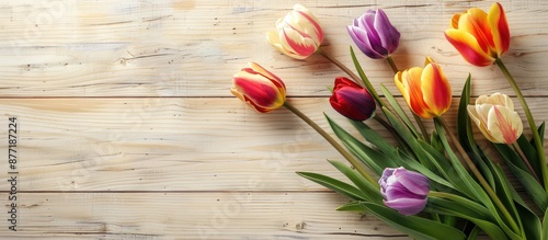 Vivid multicolored tulips on a light wooden backdrop with ample copy space image for birthdays or other festivities