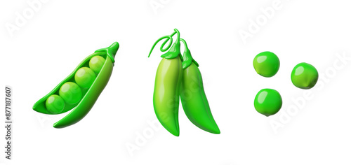 Set of 3D vectors of open and closed pea pods, as well as individual peas for design.