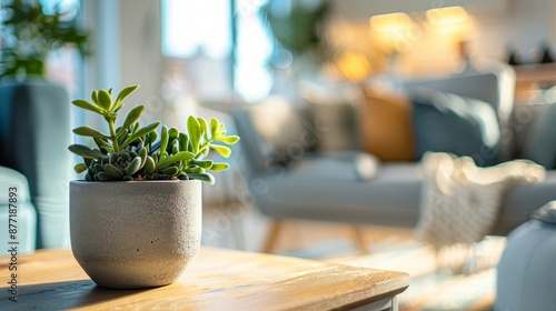 Succulent plant in a pot on a wooden table in a living room