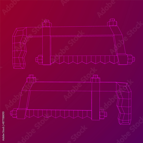 Hacksaw manual or Hand hacksaw. Wireframe low poly mesh vector illustration