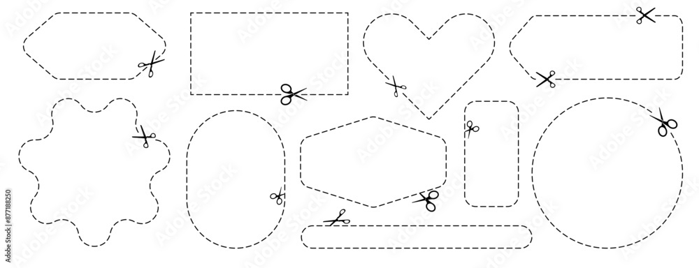 Cut here icon. Set of scissors cutting shape, paper cut here icon with dotted line for ticket, coupon, promo code. Cut here icon. Set of scissors cutting shape, paper cut here icon with dotted line for ticket, coupon, promo code.