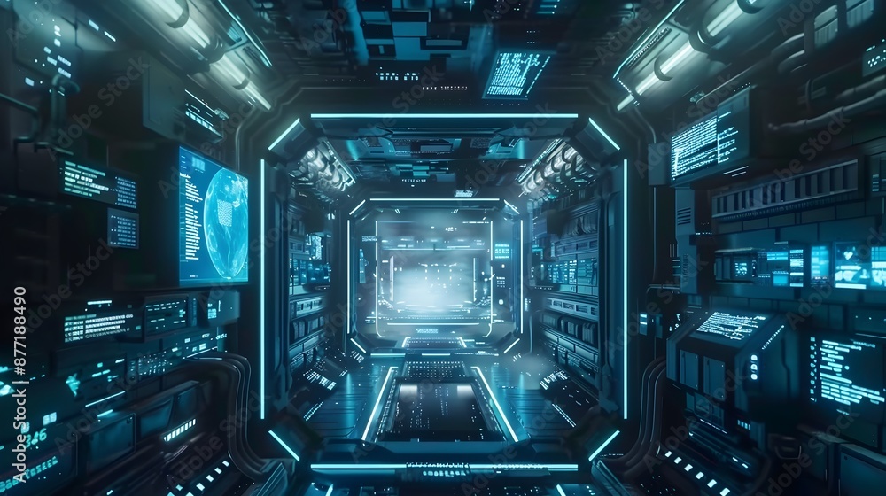 Futuristic 3D Holographic Visualization of Sci-Fi Space Station Interior Design Futuristic 3D Holographic Visualization of Sci-Fi Space Station Interior Design