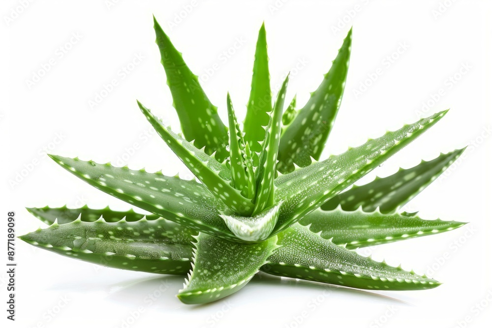 Vibrant aloe vera plant with water droplets showcased on a pure white background Vibrant aloe vera plant with water droplets showcased on a pure white background
