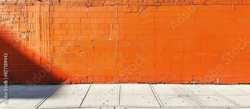 A vibrant orange brick wall stands against a sunny paved sidewalk creating a picturesque architectural backdrop with a copy space image