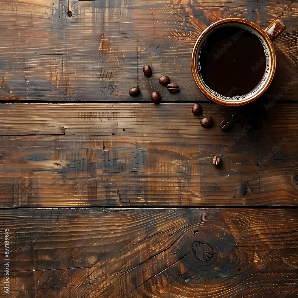A cup of coffee and coffee beans on a wooden table