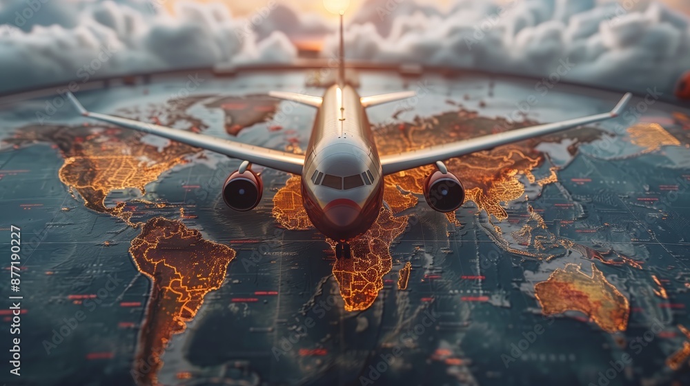 Obraz premium A commercial airplane flies above a world map highlighted with glowing orange lines representing international routes for global delivery services.