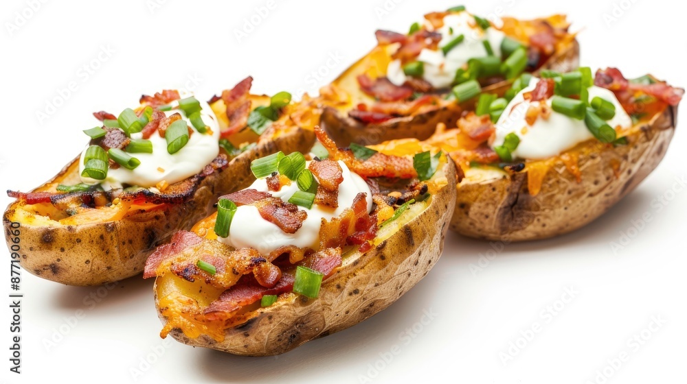 Grilled bacon and cheddar potato skins with sour cream on white background for menu and ad Grilled bacon and cheddar potato skins with sour cream on white background for menu and ad