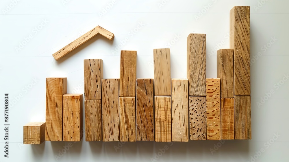Wooden blocks forming an upward arrow graph on a blue background. Wooden blocks forming an upward arrow graph on a blue background.