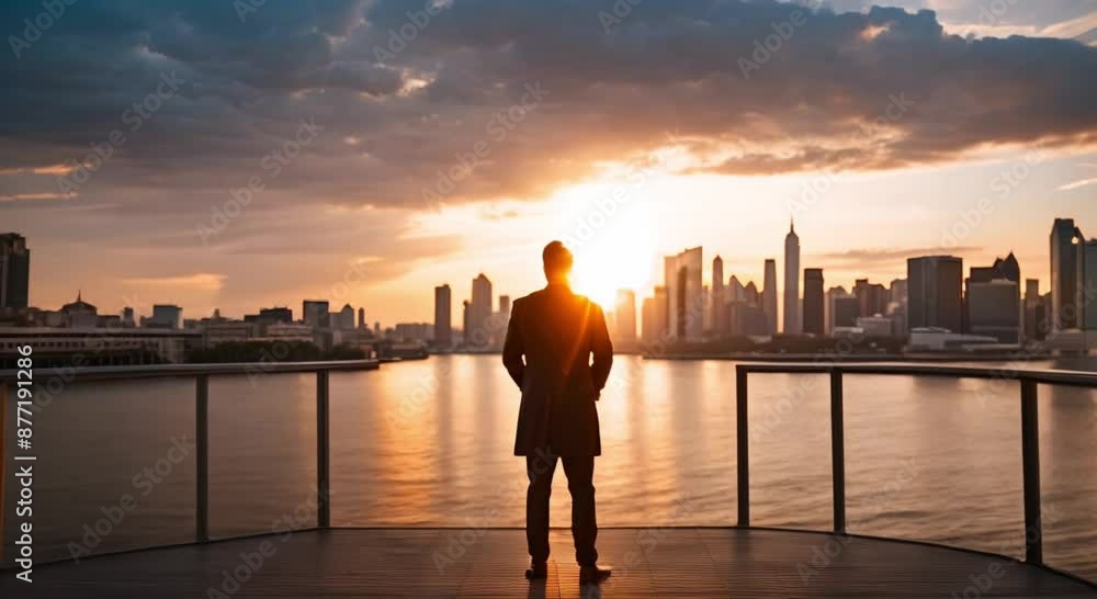 business man standing on cityscape sunset background business man standing on cityscape sunset background