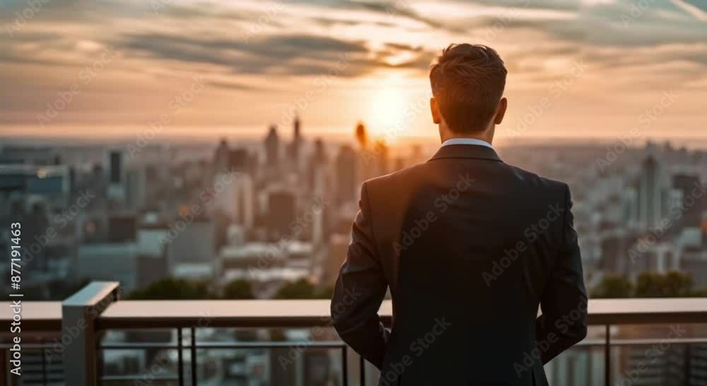 business man standing on cityscape sunset background business man standing on cityscape sunset background