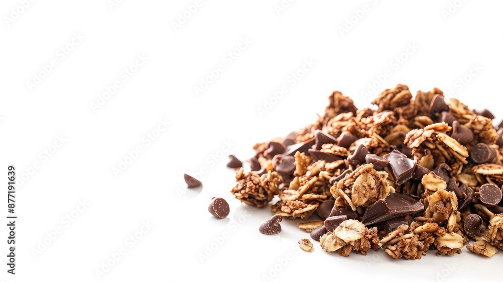 Obraz premium Pile of granola with chocolate chips on white background