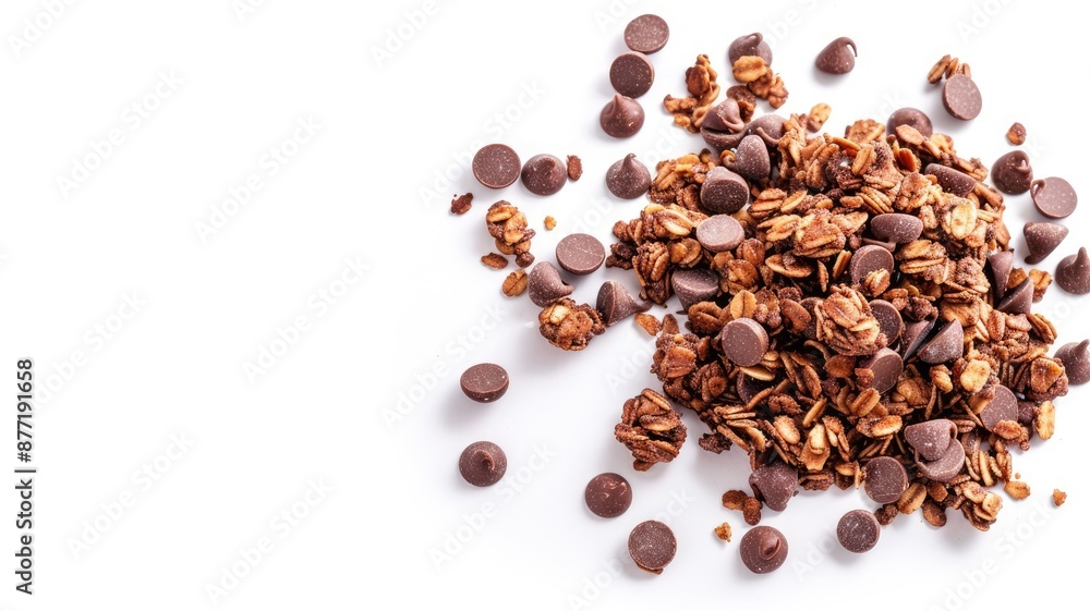 Granola and chocolate chips spread on white background Granola and chocolate chips spread on white background