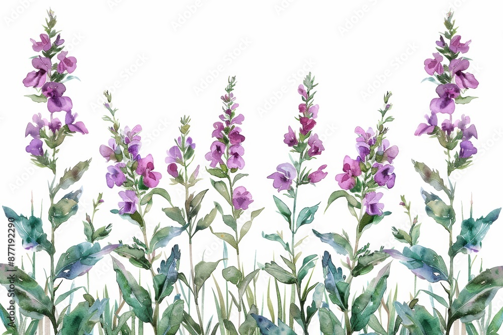 Fototapeta premium Watercolor illustration of beautiful purple flowers with green leaves in a colorful botanical arrangement on a white background.