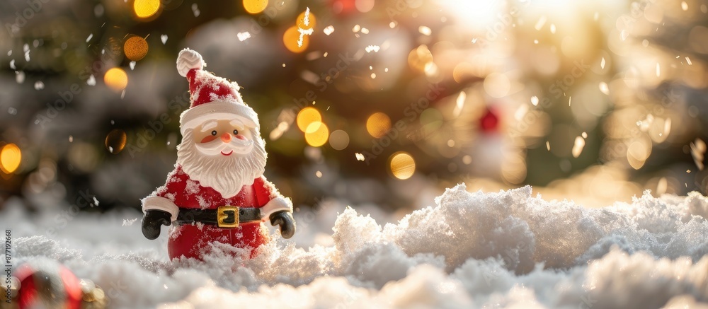 Santa Claus toy figure in the snow with a Christmas tree in the background conveying a Winter and New Year theme with copy space image Santa Claus toy figure in the snow with a Christmas tree in the background conveying a Winter and New Year theme with copy space image