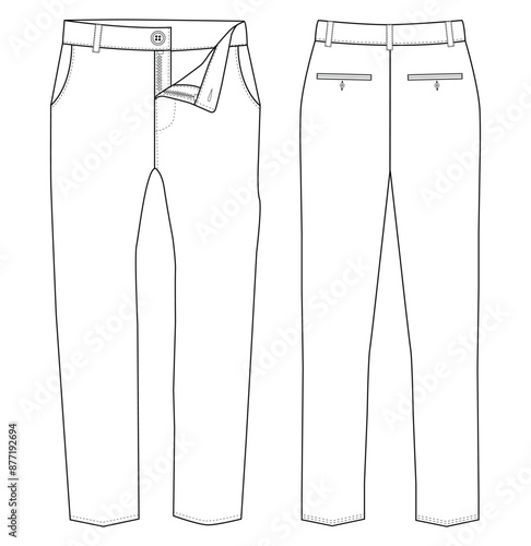 Chino trousers. Men's formal trouser pant front and back view flat sketch fashion illustration, Vector technical sketch. Mockup template.