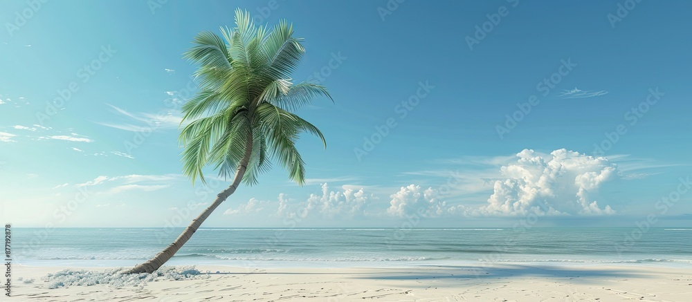 A tropical beach scene with a palm tree leaning in the wind perfect for a copy space image A tropical beach scene with a palm tree leaning in the wind perfect for a copy space image