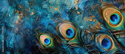 Capturing a close up of exquisite peacock feathers in vibrant blue green and gold hues against a matching background Horizontal layout featuring a decorative colorful copy space image