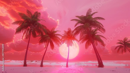Tropical Sunset Dreamscape with Vivid Pink Sky and Silhouetted Palms