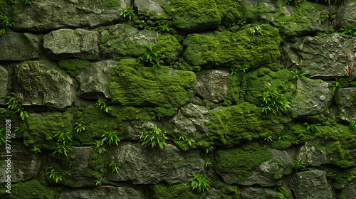 A stone wall covered with green moss, with free space for text. The texture of moss and the severity of the stone create a harmonious composition. © Sawyer0