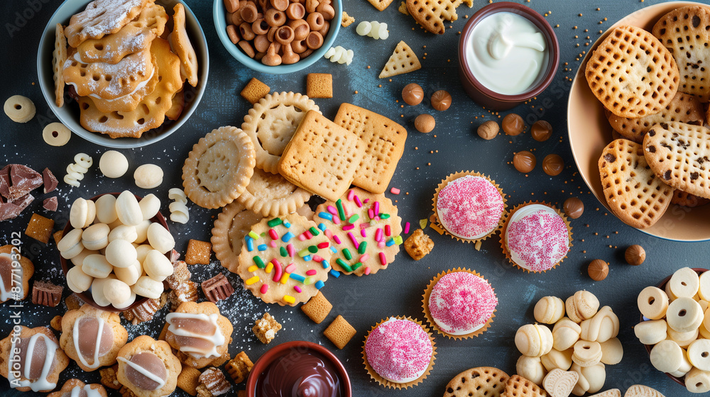 The table is lined with sweet snacks, including cookies, biscuits and creamy treats. Their consistency and variety satisfy every sweet craving. The table is lined with sweet snacks, including cookies, biscuits and creamy treats. Their consistency and variety satisfy every sweet craving.
