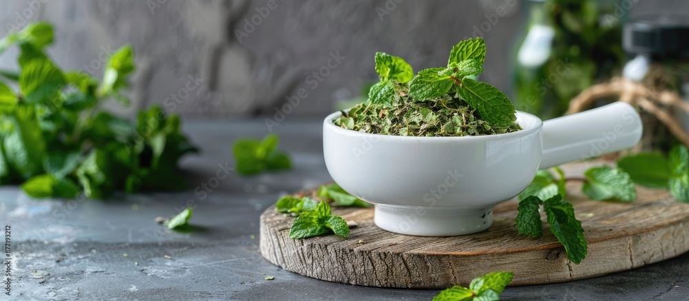 Rustic board with fresh green and dried mint in a white mortar promoting healthy lifestyle and nutrition Perfect for a copy space image Rustic board with fresh green and dried mint in a white mortar promoting healthy lifestyle and nutrition Perfect for a copy space image