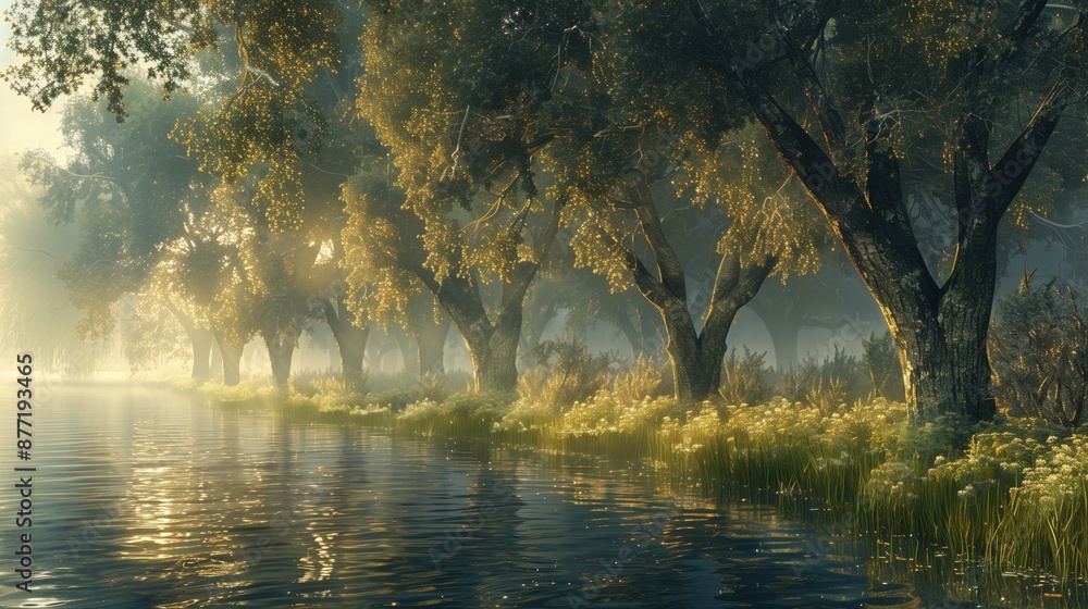 Fototapeta premium Serene riverside view with sunlit trees reflecting on calm water, creating a tranquil and picturesque natural landscape.