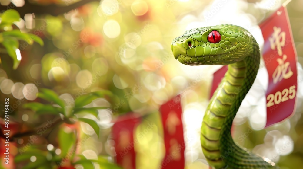 Fototapeta premium Mystical Green Snake with Red Eyes Welcoming the Year 2025