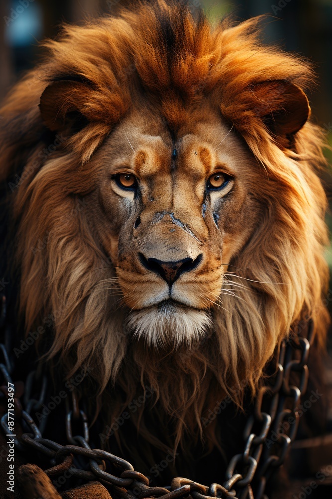 Beautiful lion in extinction in captivity in the wild African life behind the ba, generative IA Beautiful lion in extinction in captivity in the wild African life behind the ba, generative IA